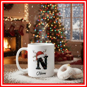 Monogram Family Christmas Antlers Santa Hat PHOTO Coffee Mug