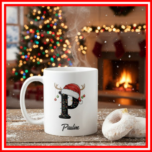 Monogram Family Christmas Antlers Santa Hat PHOTO Coffee Mug