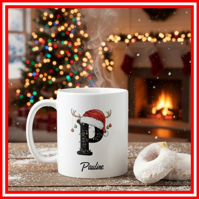 Monogram Family Christmas Antlers Santa Hat PHOTO Coffee Mug (Creator Uploaded)