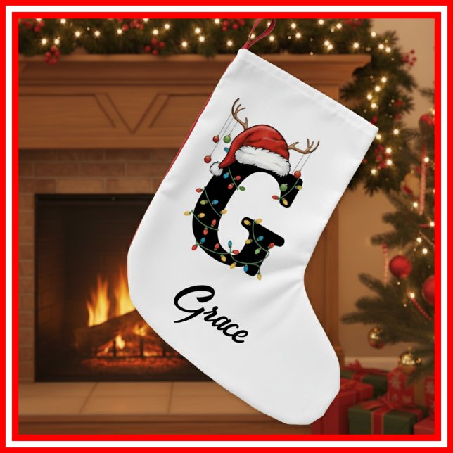 Monogram Family Christmas Antlers Santa Hat Small Christmas Stocking (Creator Uploaded)