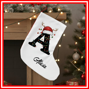 Monogram Family Christmas Antlers Santa Hat Small Christmas Stocking