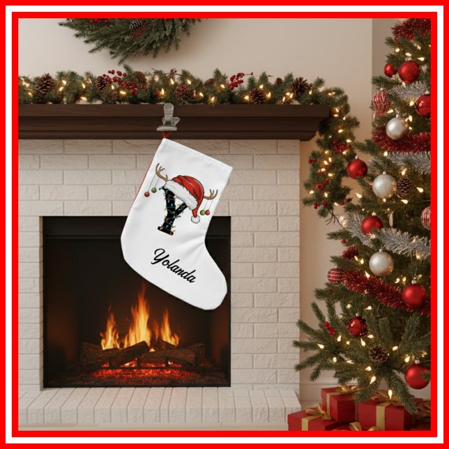 Monogram Family Christmas Antlers Santa Hat Small Small Christmas Stocking (Creator Uploaded)