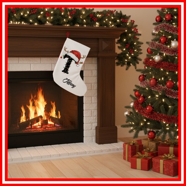 Monogram Family Christmas Antlers Santa Hat Small Small Christmas Stocking (Creator Uploaded)