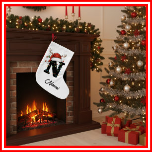Monogram Family Christmas Antlers Santa Hat Small Stocking