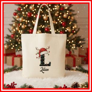 Monogram Family Christmas Antlers Santa Hat Tote Bag