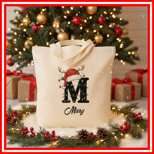 Monogram Family Christmas Antlers Santa Hat Tote Bag