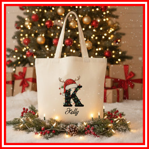 Monogram Family Christmas Antlers Santa Hat Tote Bag