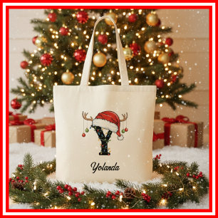 Monogram Family Christmas Antlers Santa Hat Tote Bag