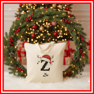Monogram Family Christmas Antlers Santa Hat Tote Bag