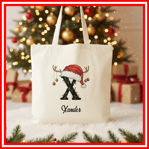 Monogram Family Christmas Antlers Santa Hat Tote Bag