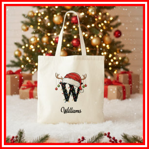 Monogram Family Christmas Antlers Santa Hat Tote Bag