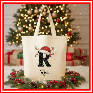 Monogram Family Christmas Antlers Santa Hat Tote Bag
