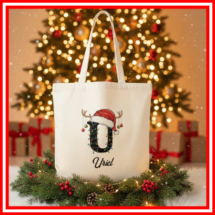 Monogram Family Christmas Antlers Santa Hat Tote Bag
