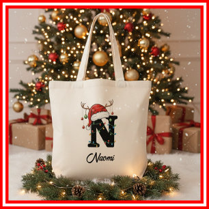 Monogram Family Christmas Antlers Santa Hat Tote Bag