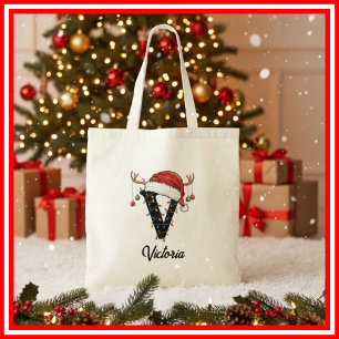 Monogram Family Christmas Antlers Santa Hat Tote Bag