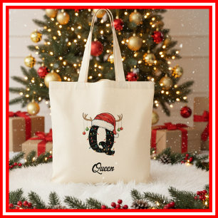 Monogram Family Christmas Antlers Santa Hat Tote Bag