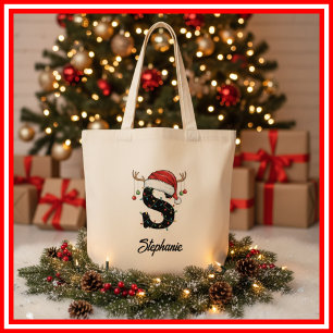 Monogram Family Christmas Antlers Santa Hat Tote Bag