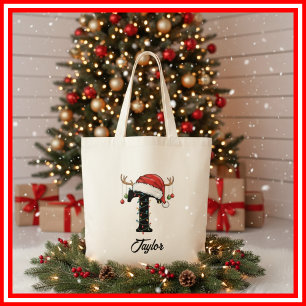 Monogram Family Christmas Antlers Santa Hat Tote Bag