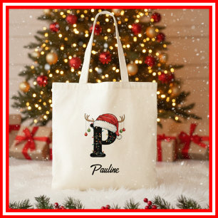 Monogram Family Christmas Antlers Santa Hat Tote Bag