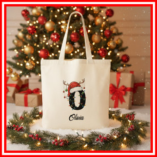 Monogram Family Christmas Antlers Santa Hat Tote Bag