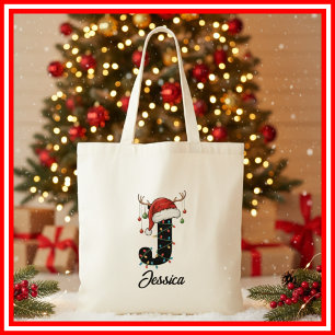 Monogram Family Christmas Antlers Santa Hat Tote Bag