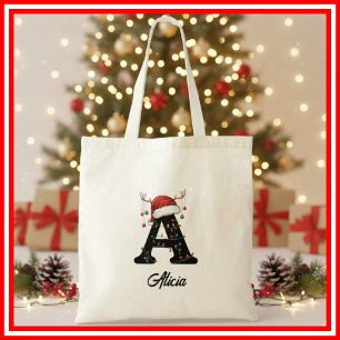 Monogram Family Christmas Antlers Santa Hat Tote Bag