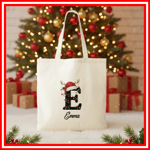 Monogram Family Christmas Antlers Santa Hat Tote Bag