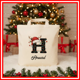 Monogram Family Christmas Antlers Santa Hat Tote Bag