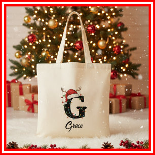 Monogram Family Christmas Antlers Santa Hat Tote Bag
