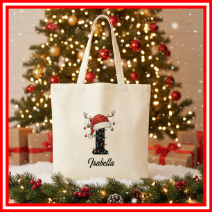 Monogram Family Christmas Antlers Santa Hat Tote Bag