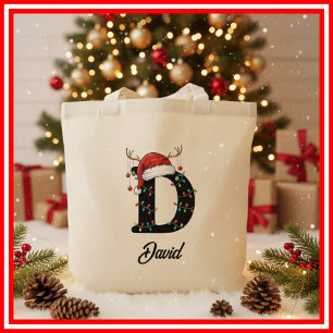 Monogram Family Christmas Antlers Santa Hat Tote Bag