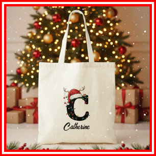 Monogram Family Christmas Antlers Santa Hat Tote Bag