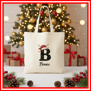 Monogram Family Christmas Antlers Santa Hat Tote Bag