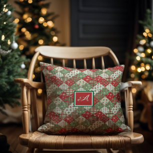Monogram family Christmas patchwork Green Red  Cushion