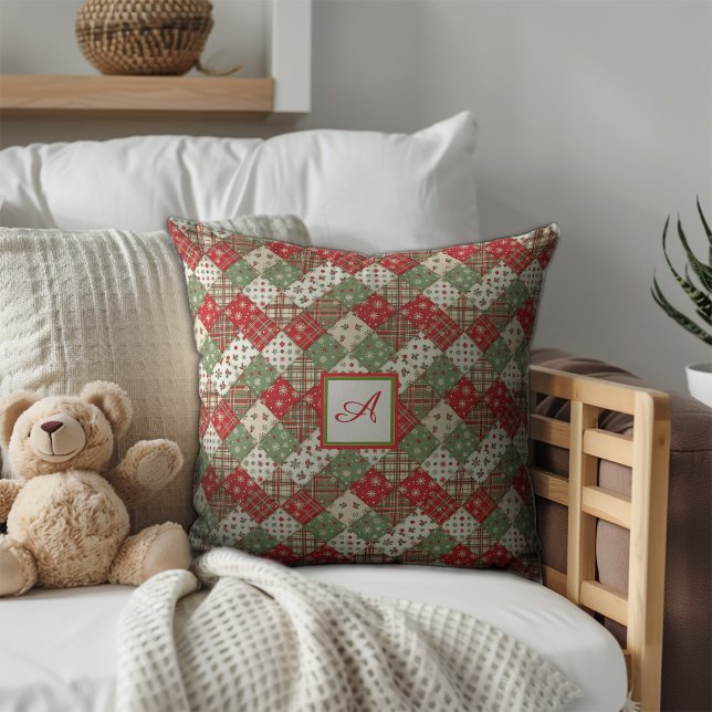Monogram family Christmas patchwork Green Red  Cushion (Creator Uploaded)