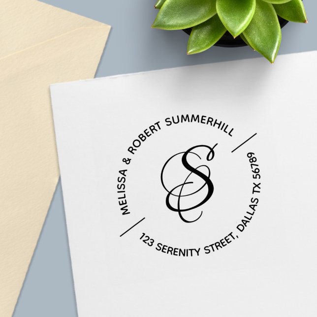 Monogram Family Couple Round Address Self-inking Stamp (Creator Uploaded)