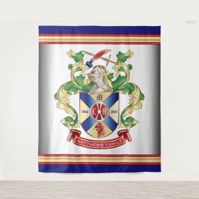 Monogram Family Crest Knight Shield Dragon Sword Tapestry (Front)