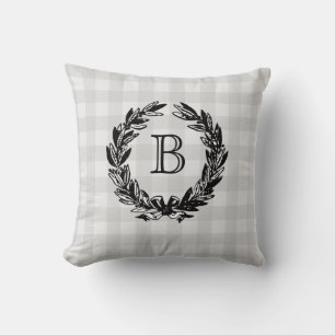 Monogram Family Crest Wreath Grey Check Cushion