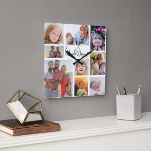 Monogram Family Eight Photo Customised   Square Wall Clock