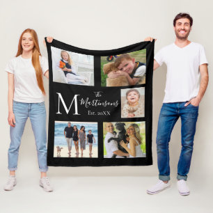 Monogram Family Five Photo Collage Fleece Blanket