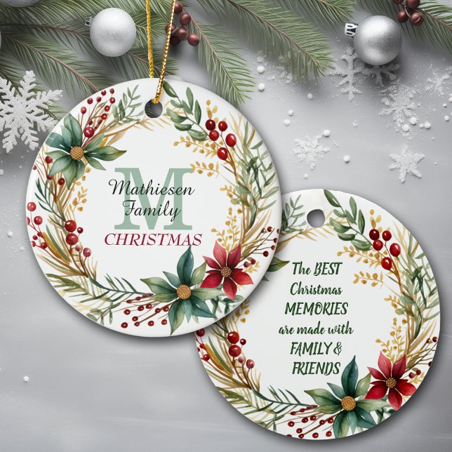 Monogram Family Memories Christmas Wreath Ceramic Tree Decoration (Creator Uploaded)