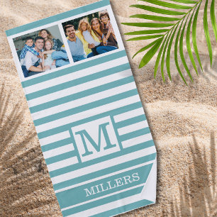 Monogram Family Name 2 Photo Teal White Stripe Beach Towel