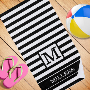 Monogram Family Name Black White Cabana Stripe  Beach Towel