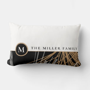 Monogram Family Name Black White & Gold Ribbons Lumbar Cushion