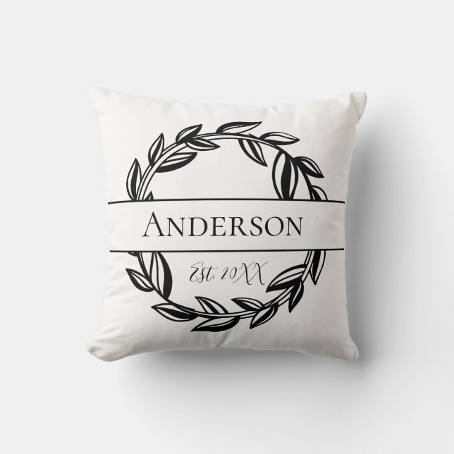 Monogram Family Name Black White Leaf  Cushion (Front)