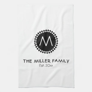Monogram Family Name Black & White Medallion Tea Towel