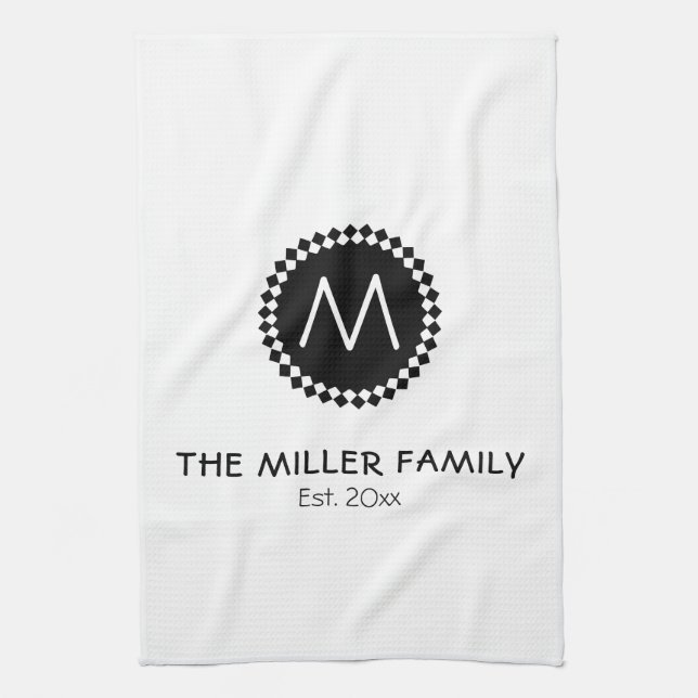 Monogram | Family Name | Black & White Medallion Tea Towel (Vertical)