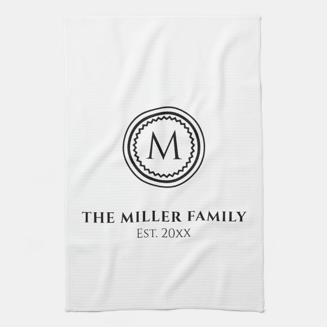 Monogram | Family Name | Black & White Medallion Tea Towel (Vertical)