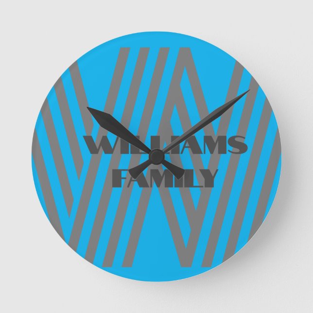 Monogram family name blue grey modern Wall Clock (Front)