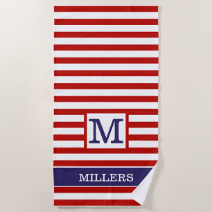 Monogram Family Name Blue Red Cabana Stripe    Beach Towel